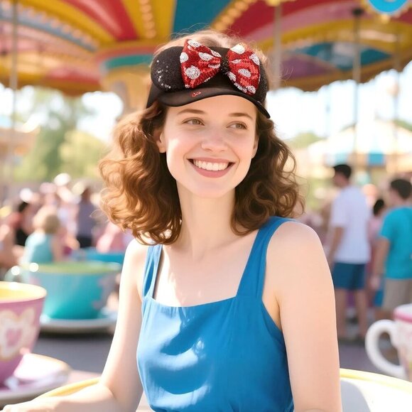 Women Sun Visor Hat Adjustable Sequin Mouse Ears Baseball Cap for Theme Park